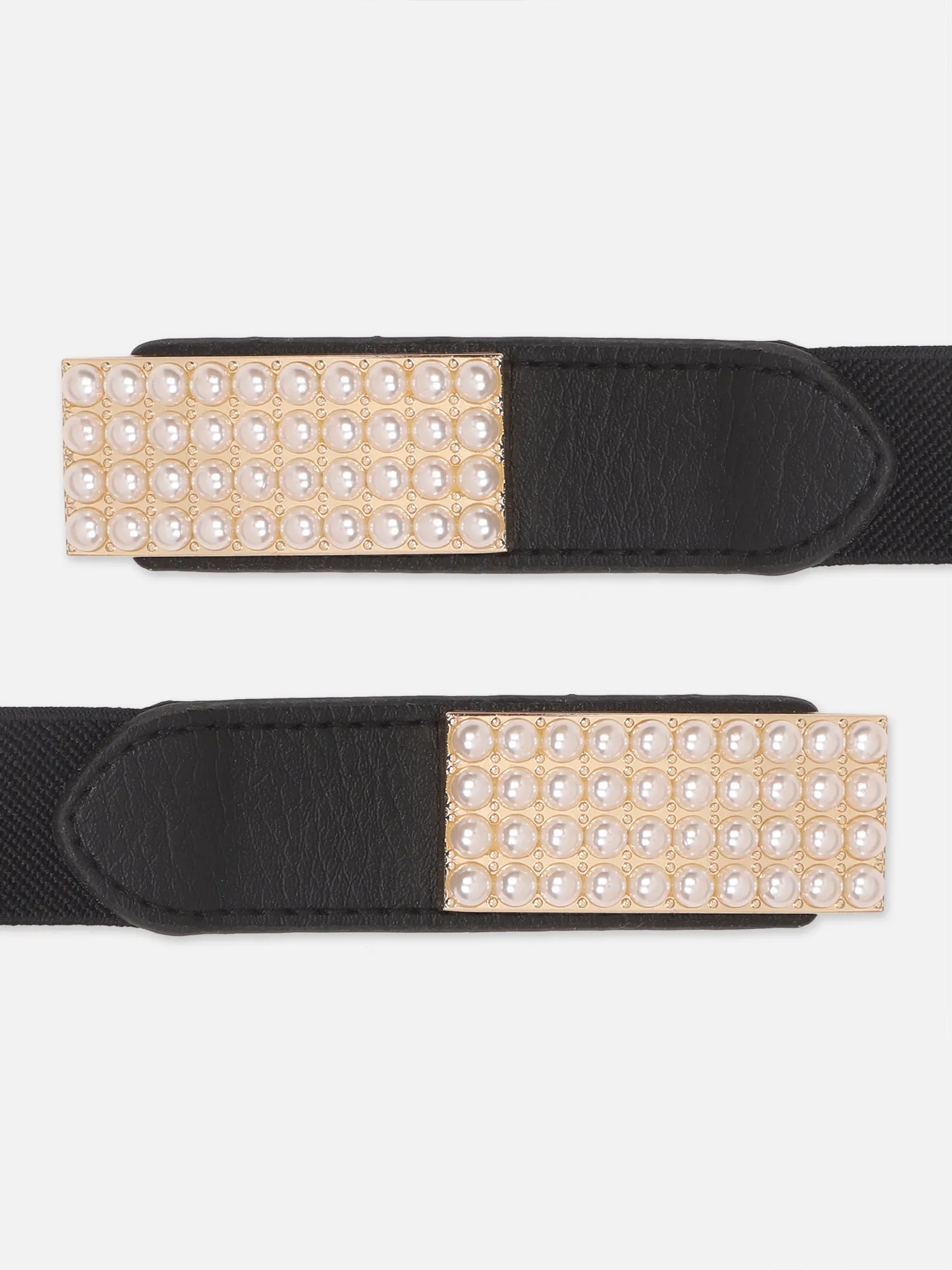 Berrylush Women Solid Black Pearl Studded PU Nylon Interlock Regular Belt