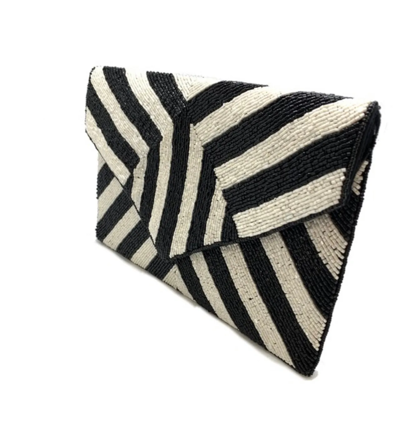 Black &White Stripe Beaded Clutch