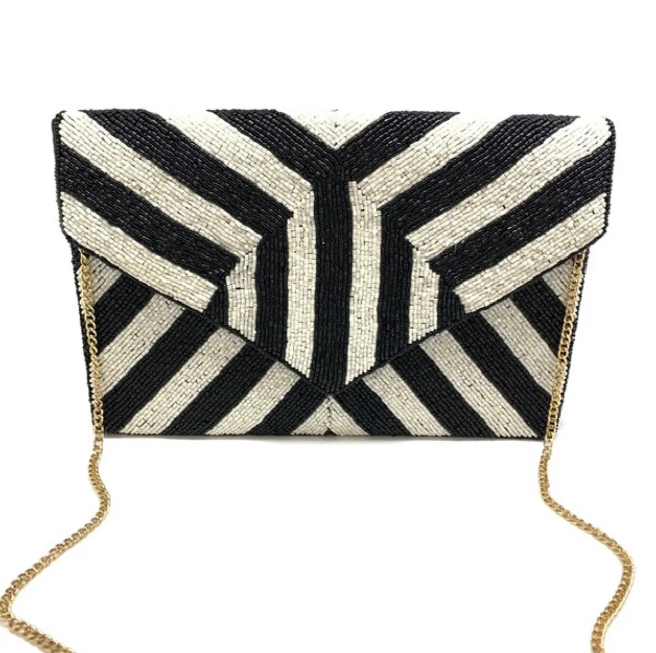 Black &White Stripe Beaded Clutch