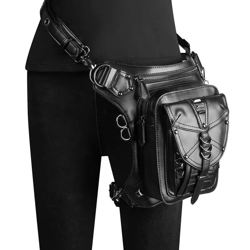 Black Motorcycle Punk Rivet Steampunk Waist Leg Bag