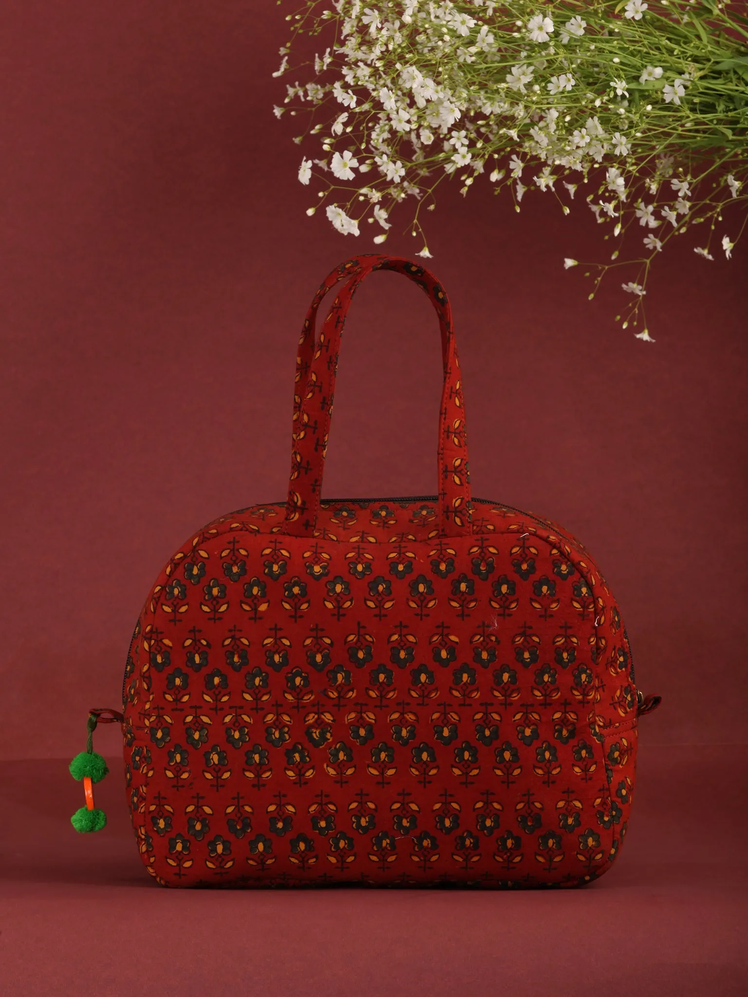 Brick Red Ajrakh Hand Block Printed Bucket Style Hand Bag - B0702