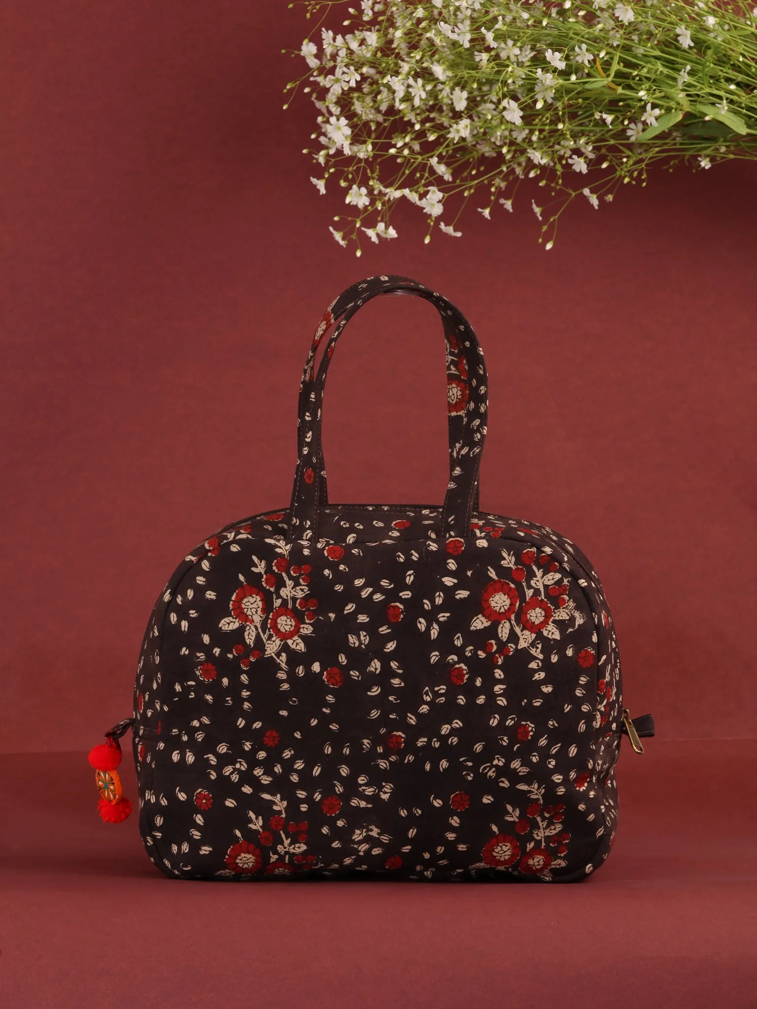 Brown Red Hand Block Printed Bucket Style Hand Bag - B0703