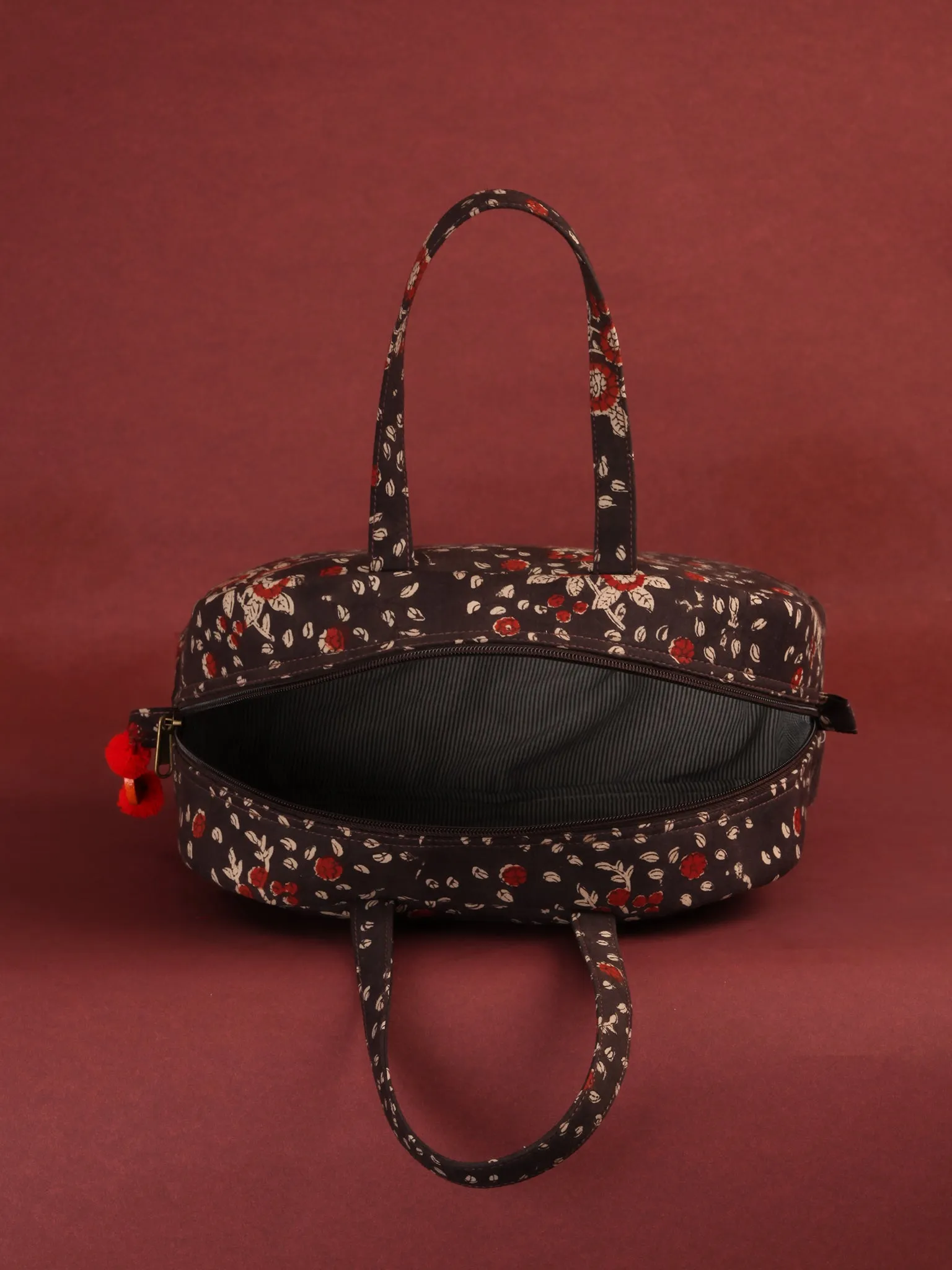 Brown Red Hand Block Printed Bucket Style Hand Bag - B0703