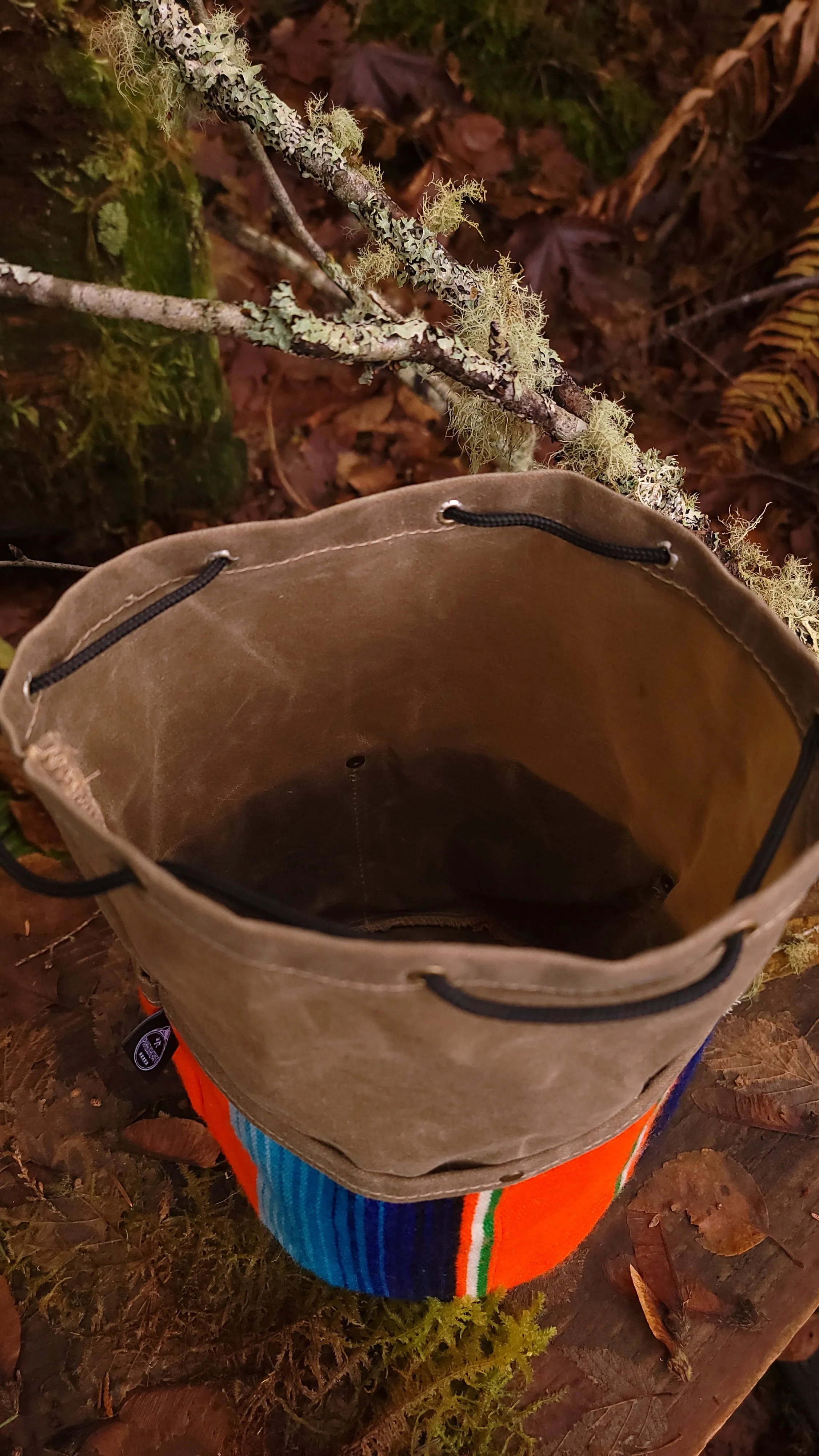 Colorful Waxed Canvas Cedar Bucket Bag with Outside Pockets.