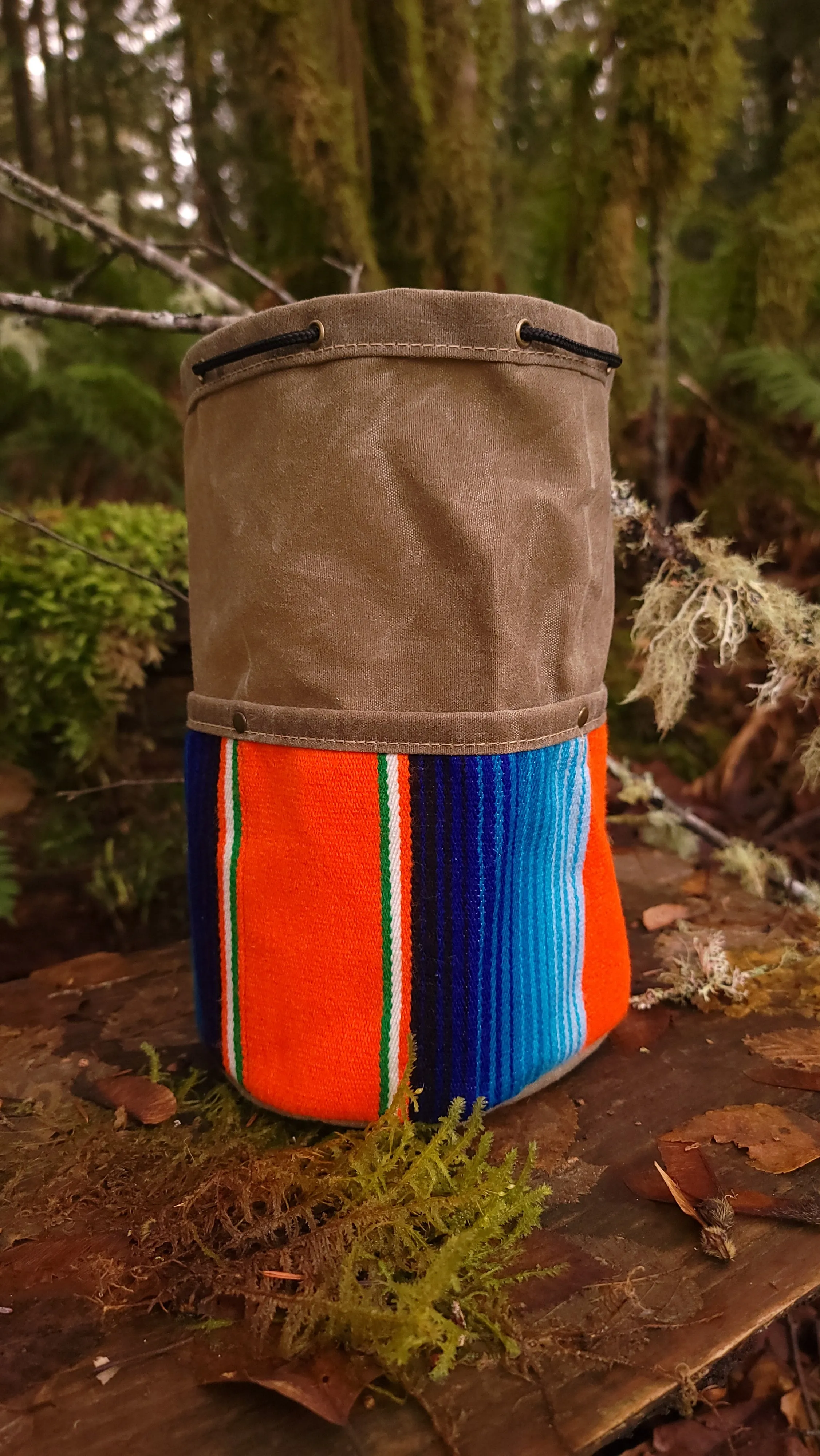 Colorful Waxed Canvas Cedar Bucket Bag with Outside Pockets.