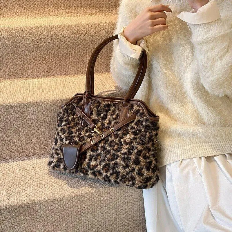 Curly Fur Fabric Leopard Tote Large Women Zipper Double Handles Shoulder Bags