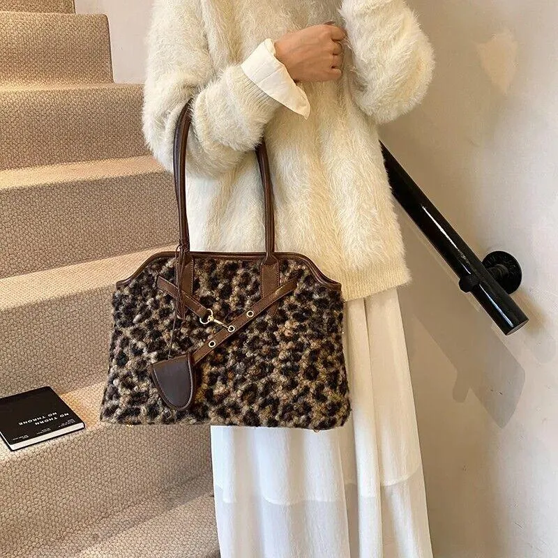 Curly Fur Fabric Leopard Tote Large Women Zipper Double Handles Shoulder Bags