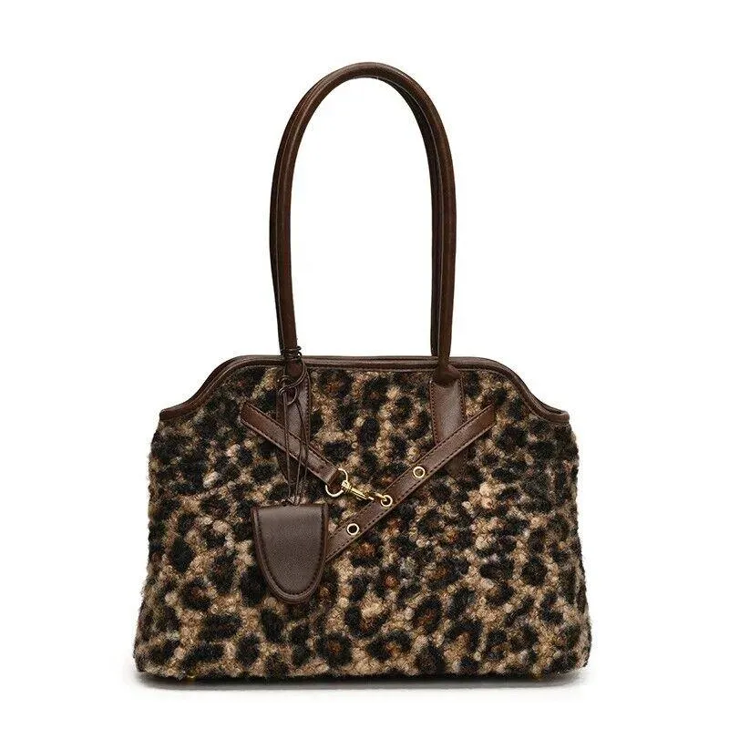 Curly Fur Fabric Leopard Tote Large Women Zipper Double Handles Shoulder Bags