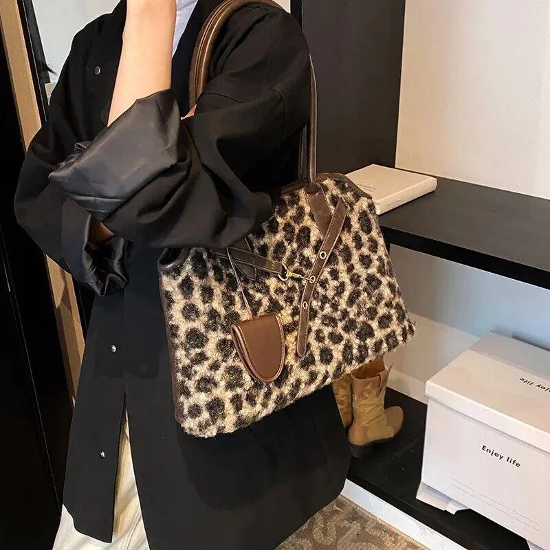 Curly Fur Fabric Leopard Tote Large Women Zipper Double Handles Shoulder Bags