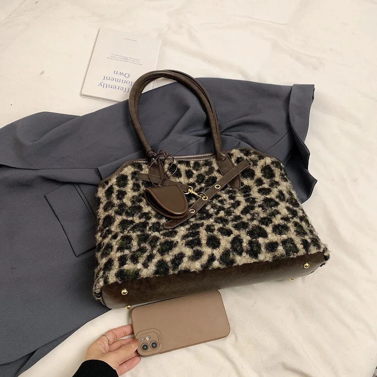 Curly Fur Fabric Leopard Tote Large Women Zipper Double Handles Shoulder Bags