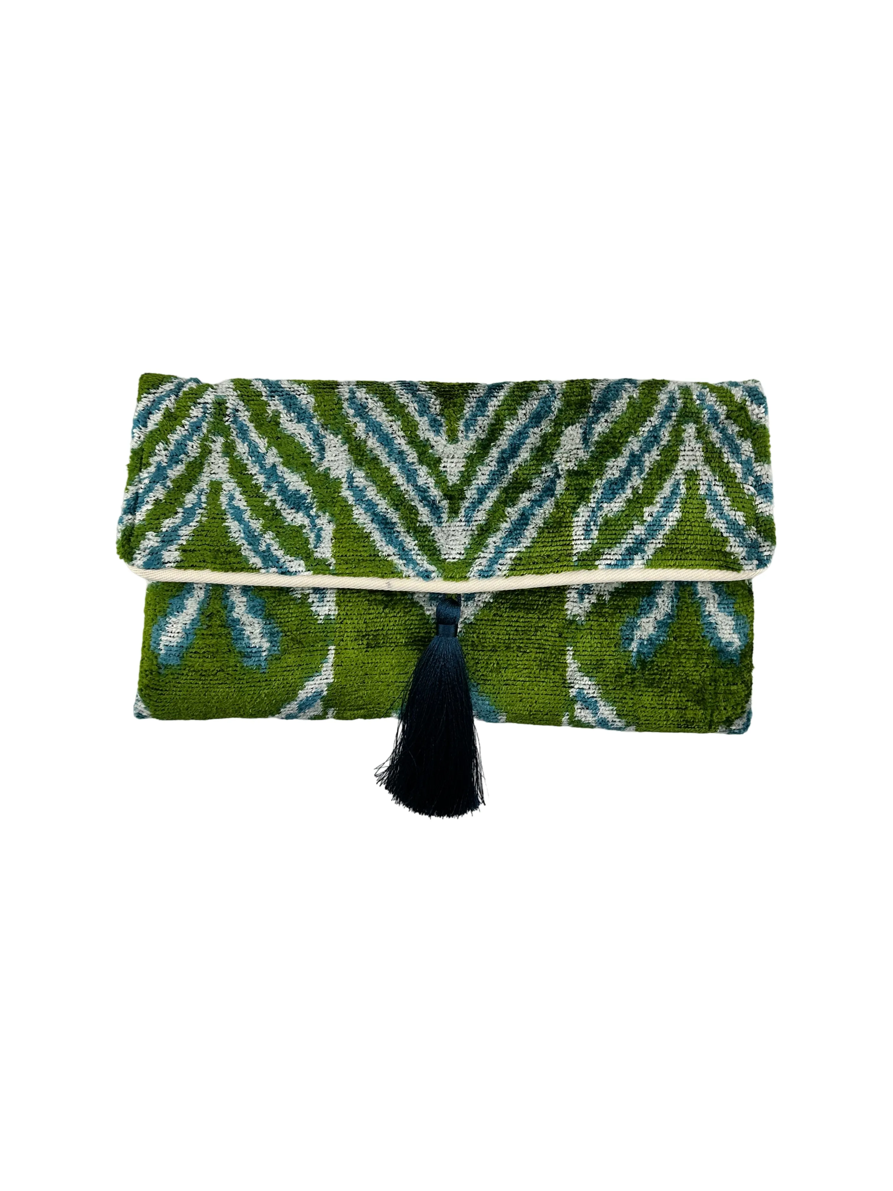 Green and Blue Ikat Velvet Clutch with Removable Chain