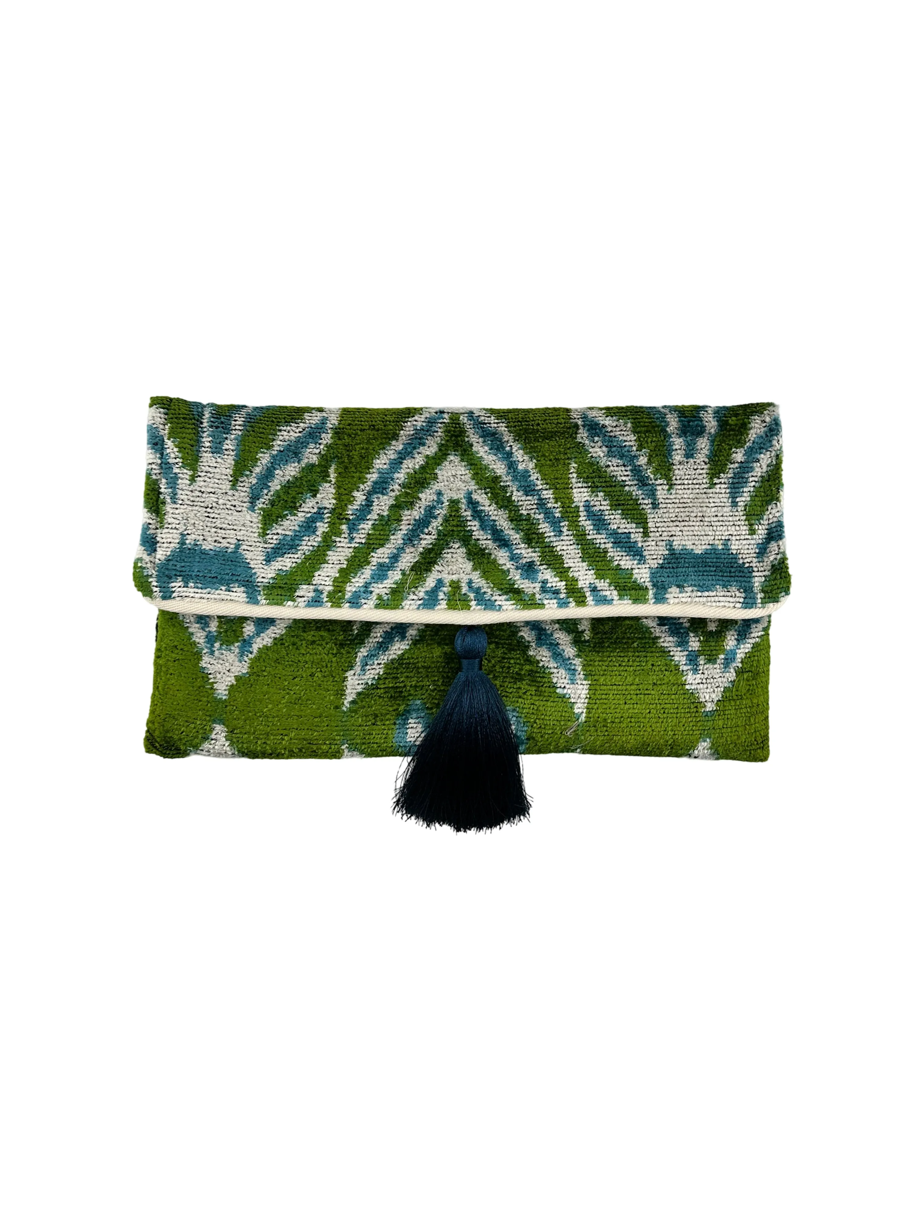 Green and Blue Ikat Velvet Clutch with Removable Chain