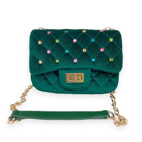 Green Colorful Gems Velvet Quilted Purse