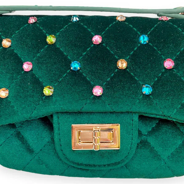 Green Colorful Gems Velvet Quilted Purse