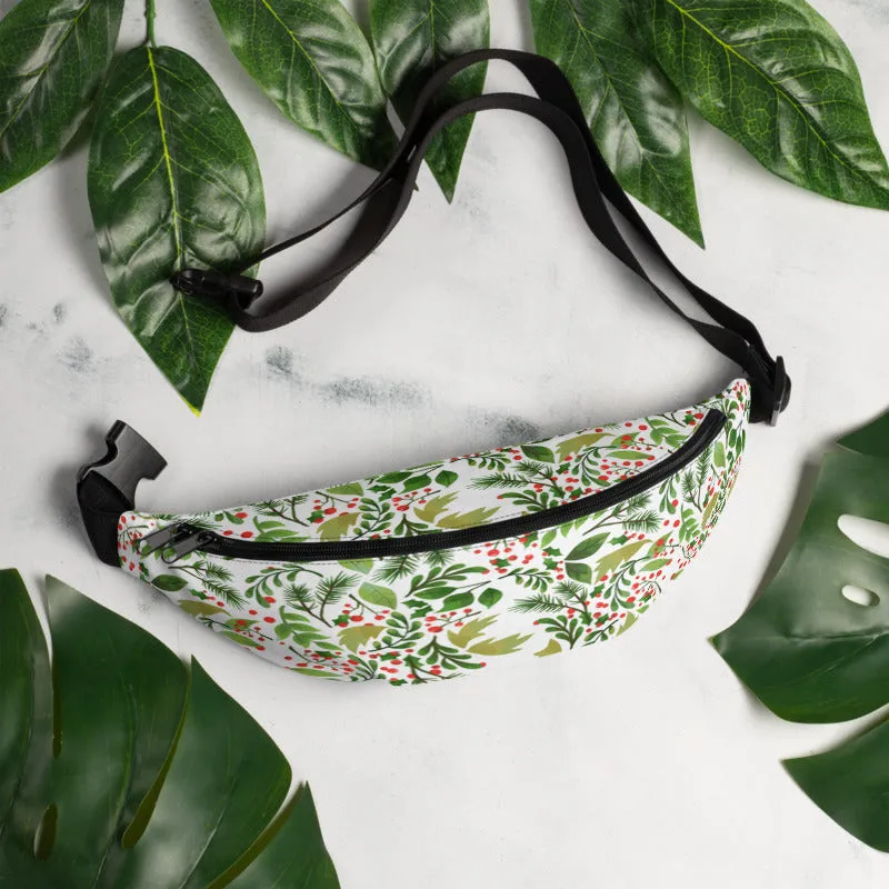 Green White Christmas Fanny Pack, Designer Red Berries Floral Print Designer Fanny Pack- Made in USA/EU