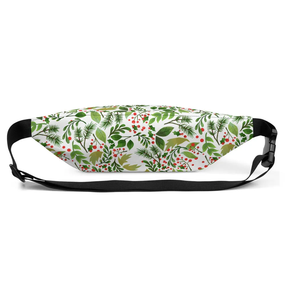 Green White Christmas Fanny Pack, Designer Red Berries Floral Print Designer Fanny Pack- Made in USA/EU