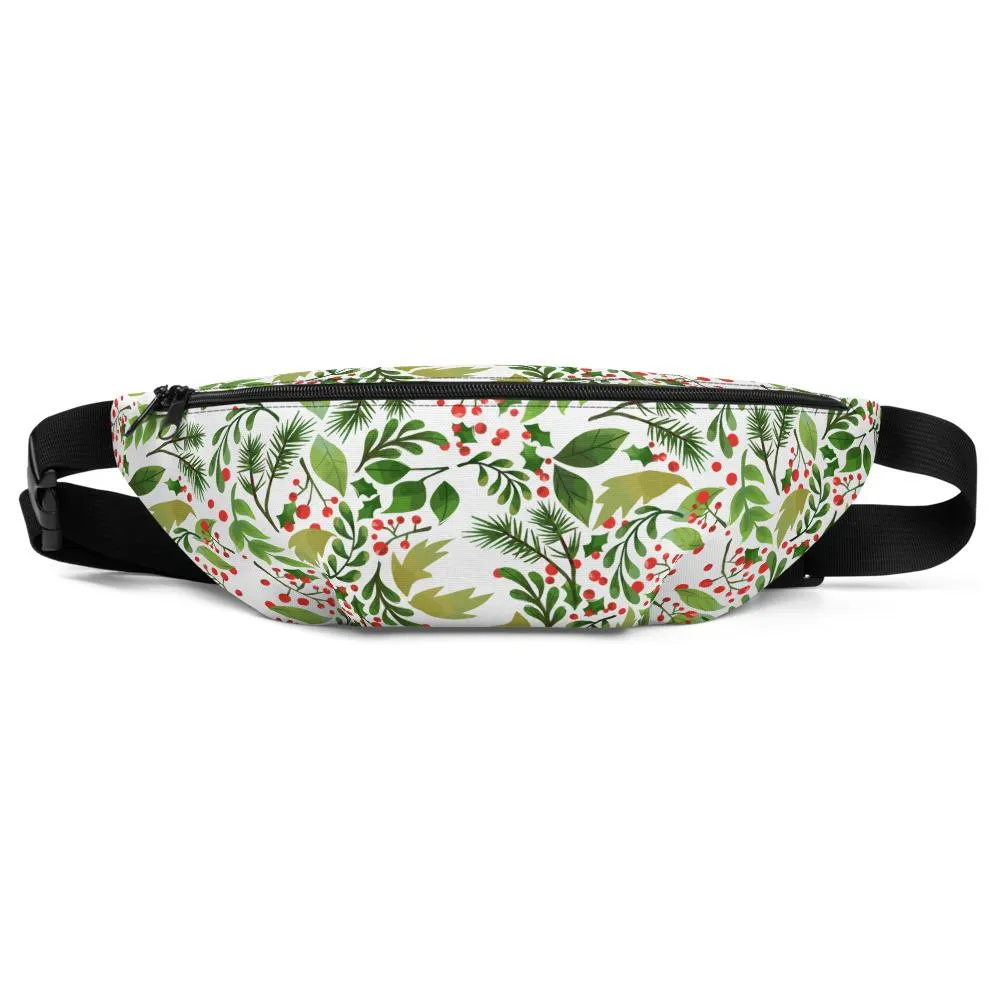 Green White Christmas Fanny Pack, Designer Red Berries Floral Print Designer Fanny Pack- Made in USA/EU