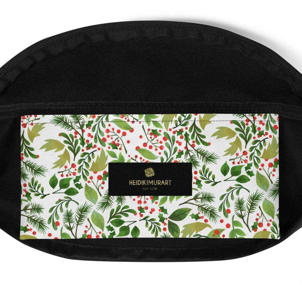 Green White Christmas Fanny Pack, Designer Red Berries Floral Print Designer Fanny Pack- Made in USA/EU