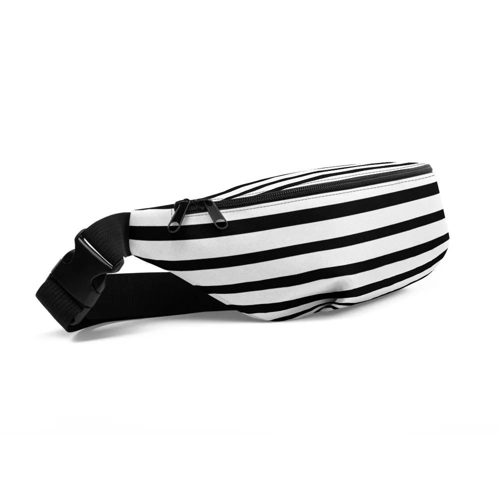 Horizontal Striped Fanny Pack, Black White Striped Print Designer Festival Fanny Pack Belt Bag- Made in USA