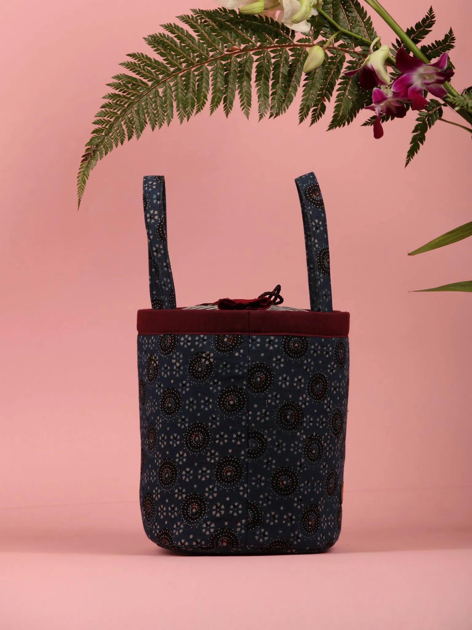 Indigo Black Ajrakh Block Printed Bucket Utility Bag - B0203