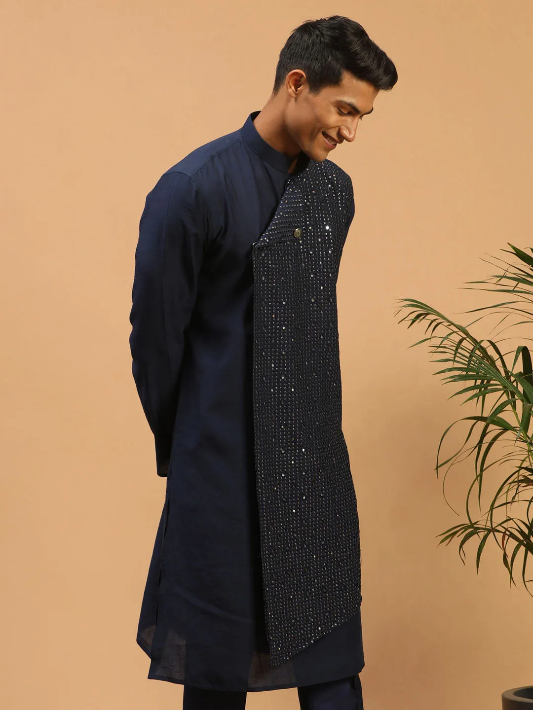 Jashvi Men's Navy Blue Sequined Layered Kurta