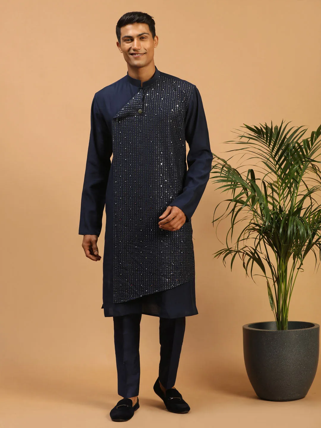 Jashvi Men's Navy Blue Sequined Layered Kurta