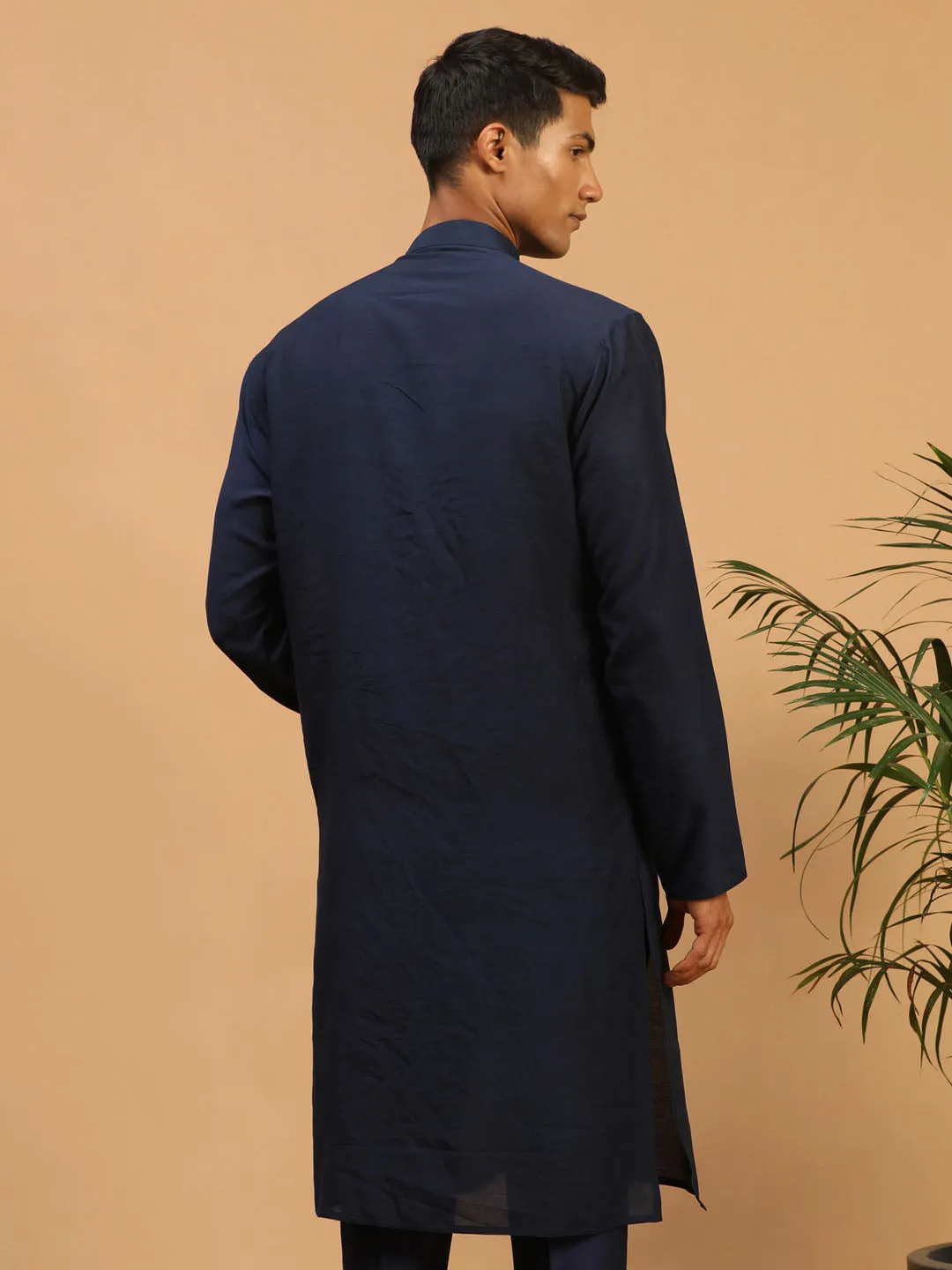 Jashvi Men's Navy Blue Sequined Layered Kurta