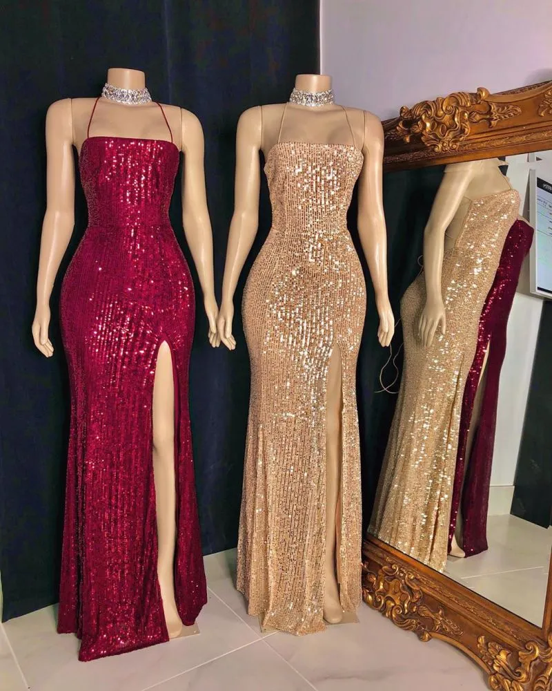 kamahe Spaghetti-straps Criss-cross Long Slit Sequins Mermaid Prom Dresses