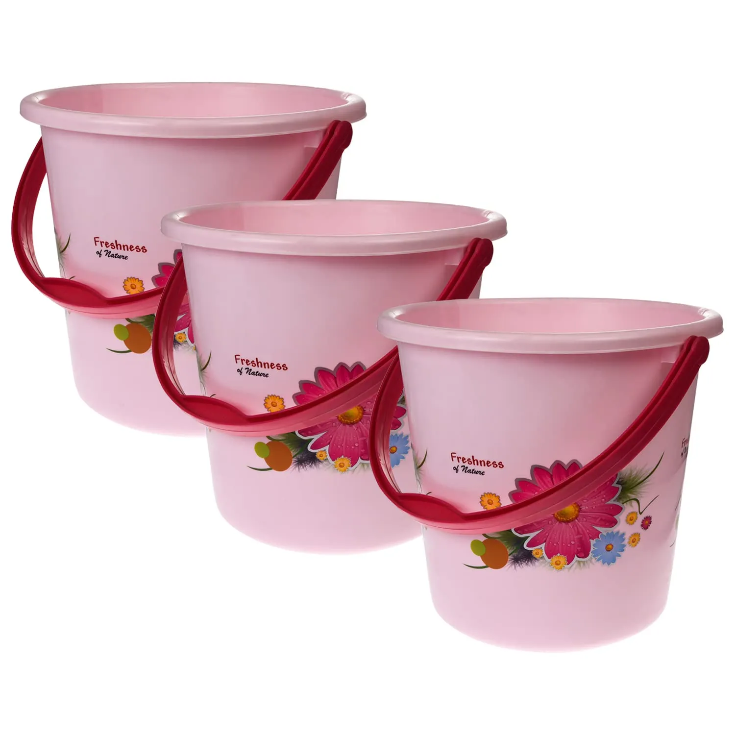 Kuber Industries Bucket|Plastic Bucket for Bathroom|Bucket for Bathing|Unbreakable Printed Bucket with Handle|18 Liter|Pack of 3 (Pink)