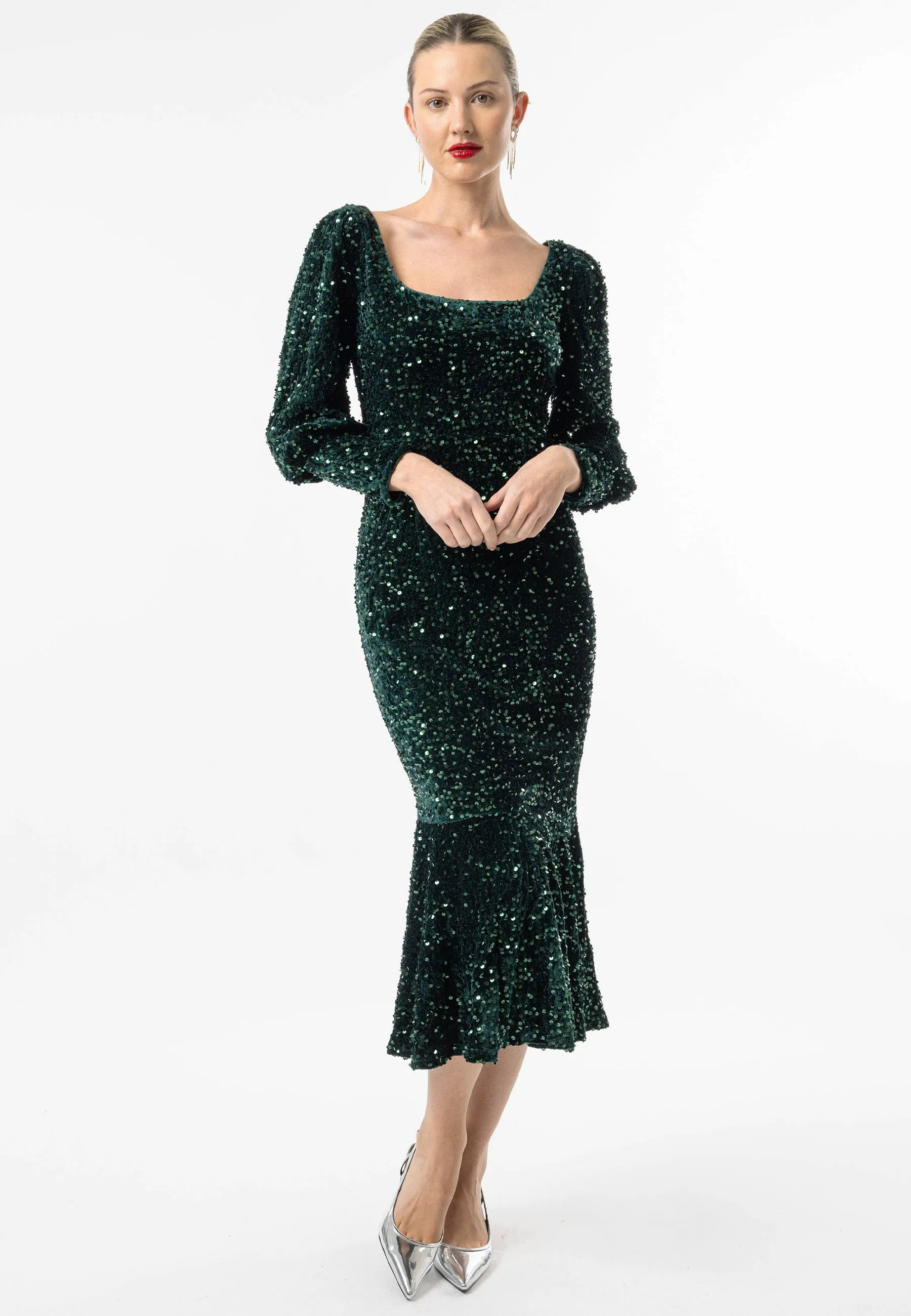 Sequin Velvet Bodycon Long Sleeve Evening Dress In Green