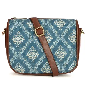 THE CLOWNFISH Garnet Series Printed Handicraft Fabric & Tapestry Crossbody Sling Bag for Women Ladies Single Shoulder Bag Shoulder Belt (Blue)