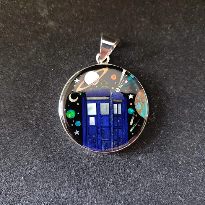 Travel Through Time and Space with Our TARDIS Inlay Sterling Silver Pendant - Featuring Lazuli Lapis, Turquoise, Mother of Pearl, and Lab Opal