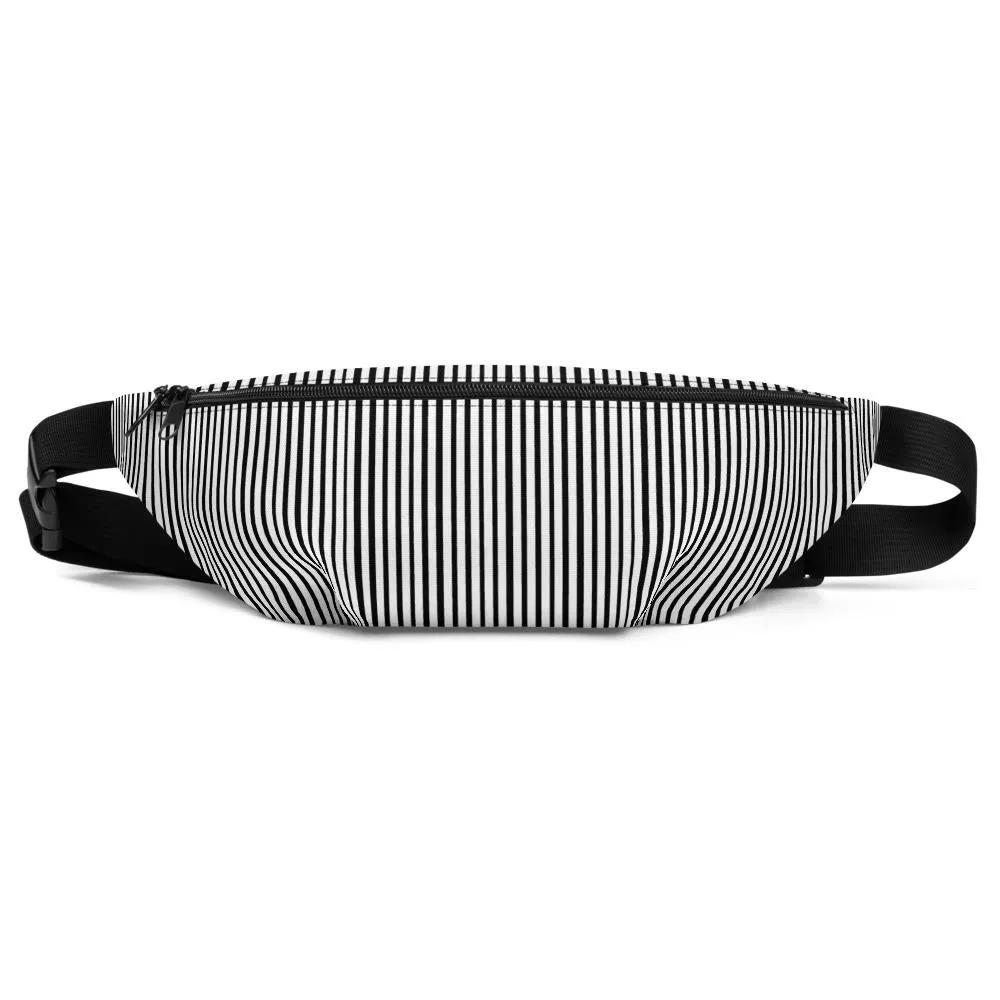 Vertical Black Striped Fanny Pack, White Striped Print Designer Fanny Pack Festival Belt Bag - Made in USA