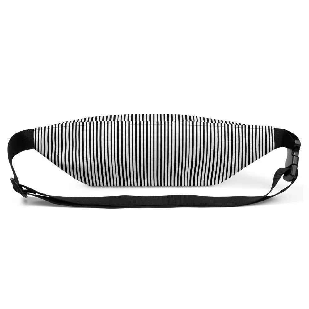 Vertical Black Striped Fanny Pack, White Striped Print Designer Fanny Pack Festival Belt Bag - Made in USA